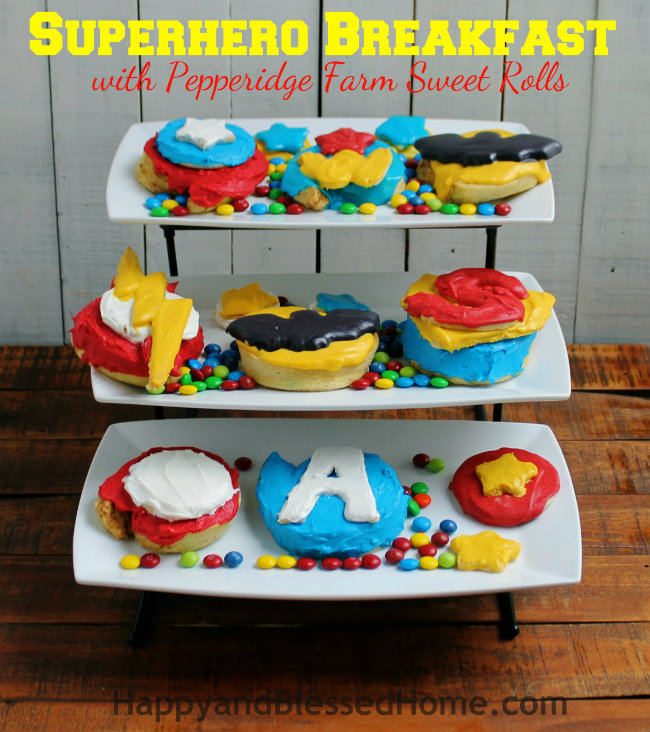 Create your own Superhero Breakfast with Pepperidge Farm Sweet Rolls All the Avengers and Superheros from HappyandBlessedHome.com