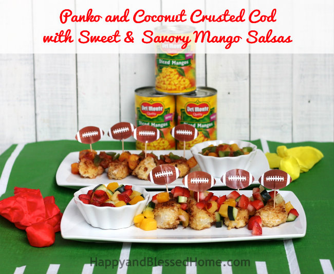 Football Party Food for Superbowl or any Party - Panko and Coconut Crusted Cod and Mango Salsa Recipes from HappyandBlessedHome.com