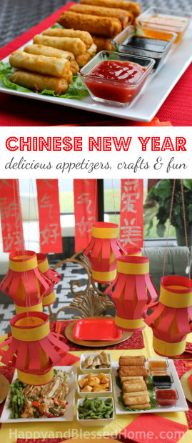 Chinese New Year with delicious recipe ideas, free printables for kids, red lantern craft, and red spring scroll craft from HappyandBlessedHome.com
