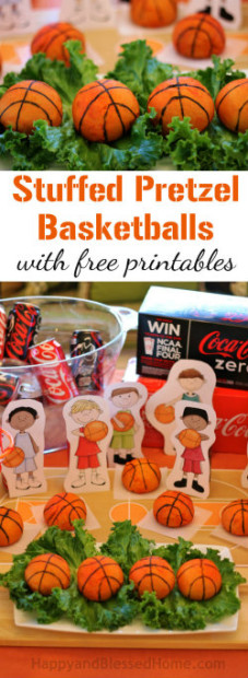 250 Tasty Stuffed Pretzel Basketballs recipe with Free Basketball Party Decor via Free Printables from HappyandBlessedHome