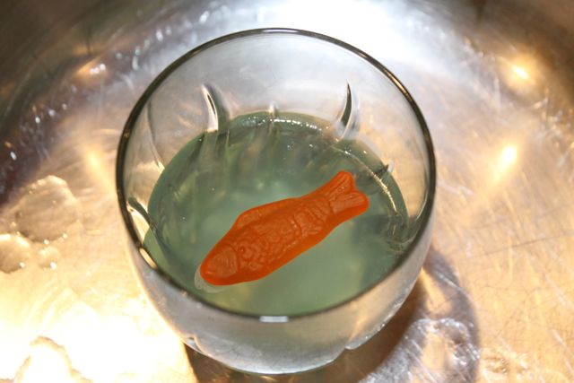 Add gummy fish to jelled Capri Sun Roarin' Waters to create Bubble Guppies Jello Recipe from HappyandBlessedHome.com