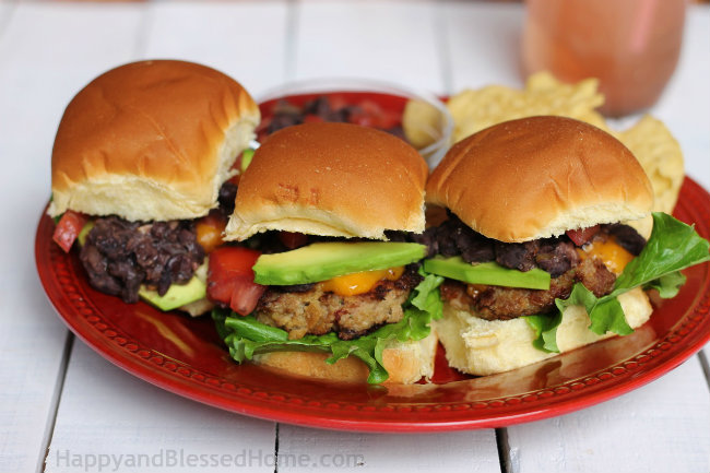 Black bean Salsa Sliders with Avacado Lettuce and Tomato from HappyandBlessedHome.com