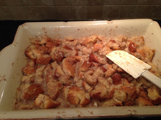 Coat the bread evenly with the custard to create bread pudding