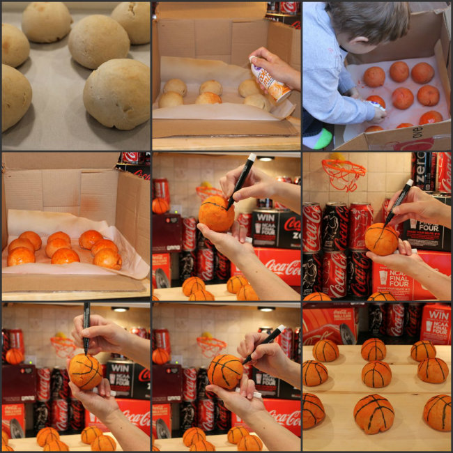 Decorating Stuffed Pretzel Basketballs with Food Coloring Spray and Black Candy Marker for NCAA® March Madness from HappyandBlessedHome.com