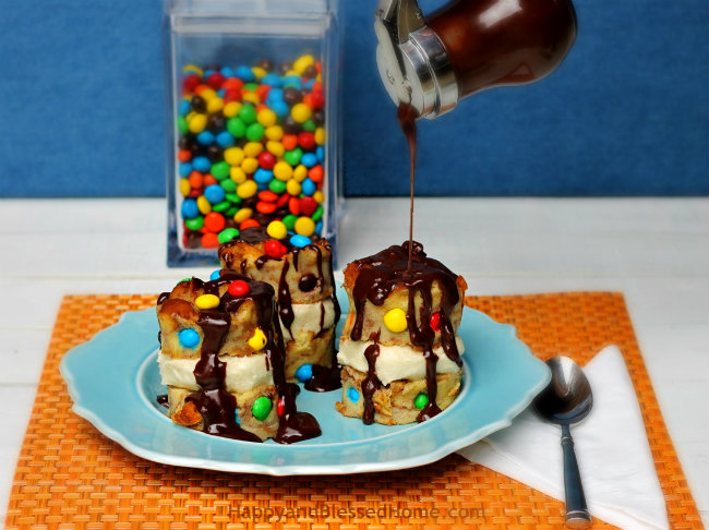 Pouring Chocolate Ganache onto Coconut Bread Pudding and Coconut Cream Towers with M&Ms Crispy from HappyandBlessedHome