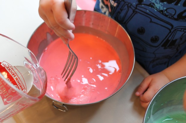 Once the glue and food coloring are throughly mixed, you can add the borax water combination to create Slime