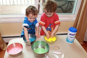 Kids love to play with rainbow slime! Final mixing can be done by hand. Slime recipe from HappyandBlessedHome.com
