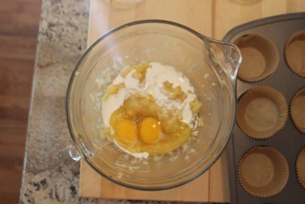Mix wet ingredients for Carmel Banana Muffin Recipe