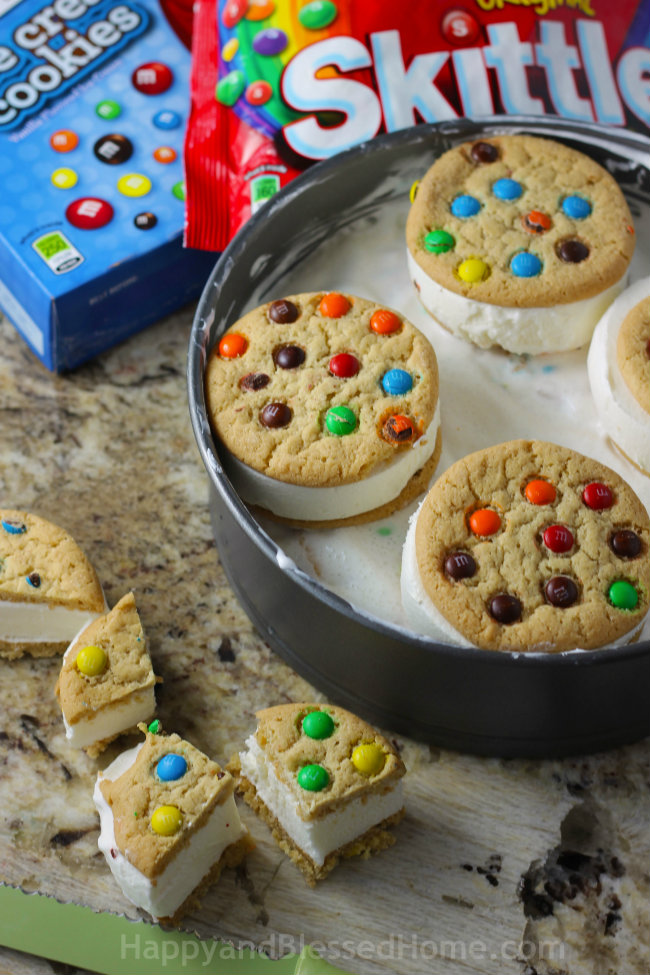Use two boxes of M&M's® Cookie Ice Cream Sandwiches 6-pack to create your Ice Cream Cake