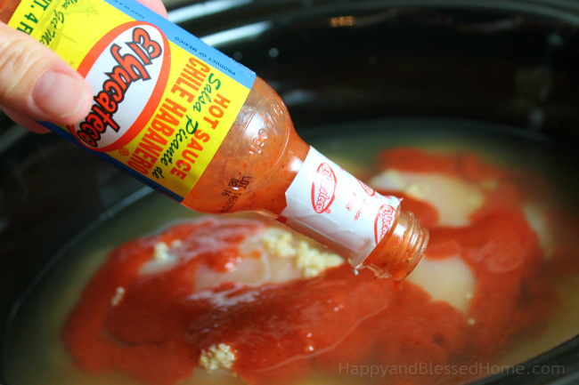 Dump the whole bottle of El Yucateco hot sauce into the pot to make Crockpot pull-apart Skinny Buffalo Chicken by HappyandBlessedHome.com