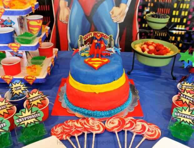 Five Year Old Superman Birthday Party with homemade Superman Cake from HappyandBlessedHome.com