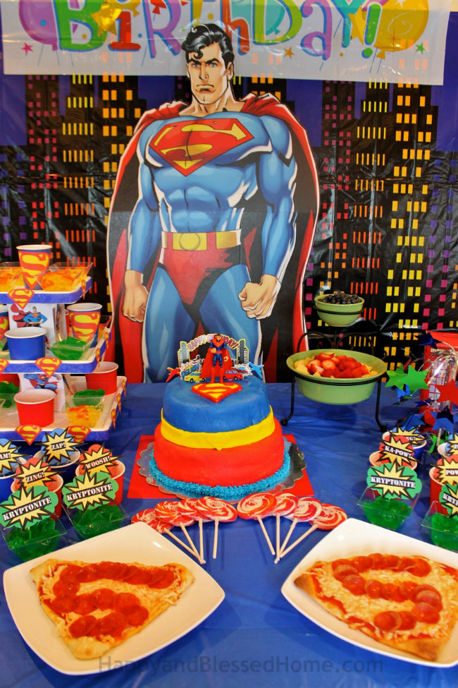 Fun Birthday Party Food - Everyone loved the Superman Pizza at our Superman Birthday Party by HappyandBlessedHome