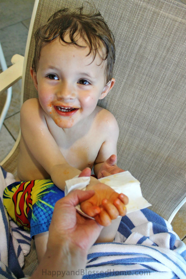 Mommy Clean my hands - cleaning hands poolside with Huggies Wipes by HappyandBlessedHome.com