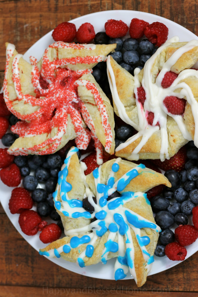 Red white and blue fireworks pinwheel pastries perfect for the 4th of July by HappyandBlessedHome