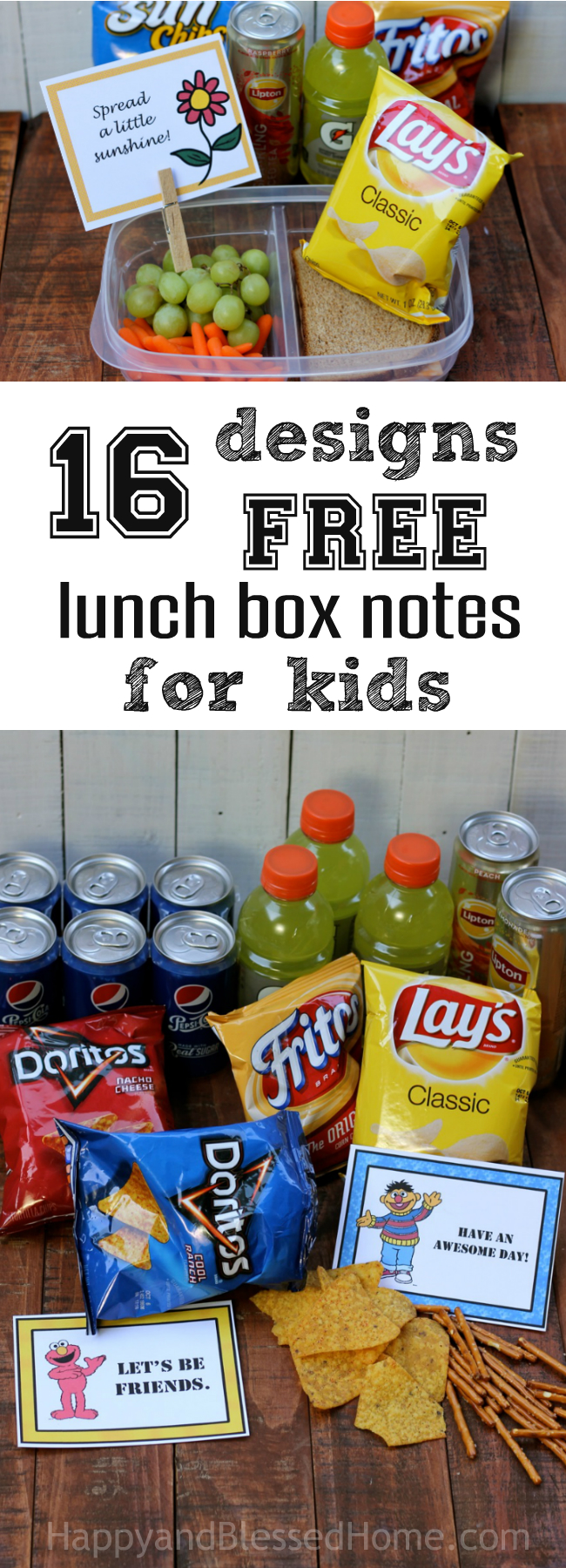 16 Designs FREE Lunch Box Notes for Kids with snacking tips from HappyandBlessedHome.com