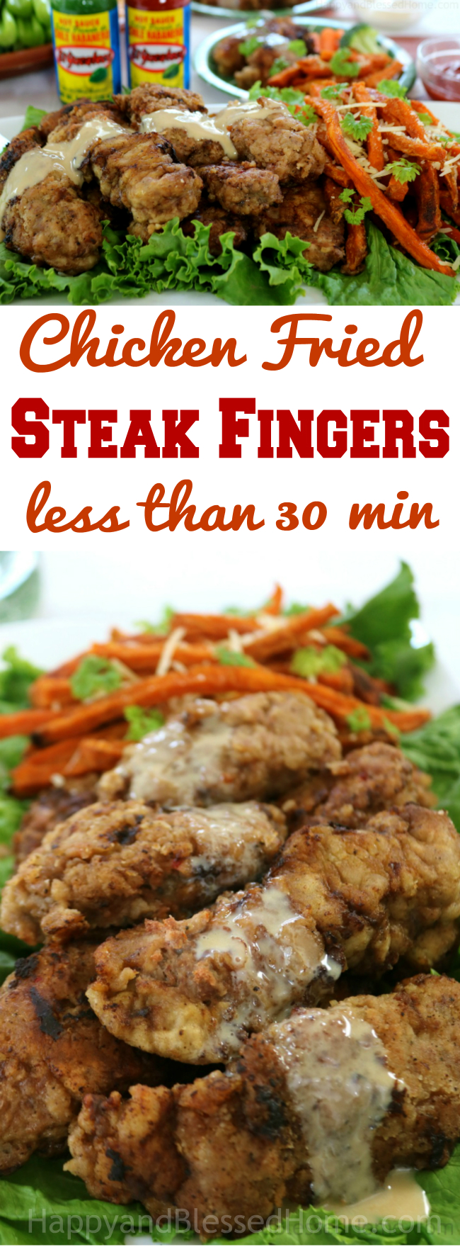 Easy recipe for Chicken Fried Steak Fingers with Hot Sauce - perfect party appetizer or tailgating dish by HappyandBlessedHome.com