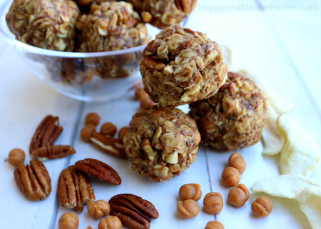 No heat no bake super easy recipe for Carmel Apple Pecan energy bites - now you can have carmel apple flavor in a healthy snack