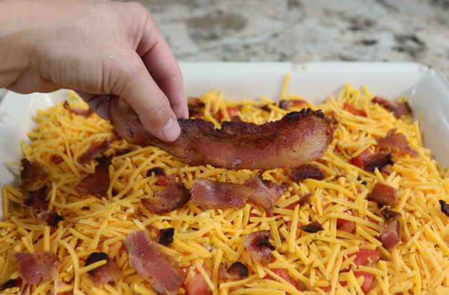 Add Crispy Bacon topping to create this easy Hash browns, Eggs and Bacon Breakfast Casserole