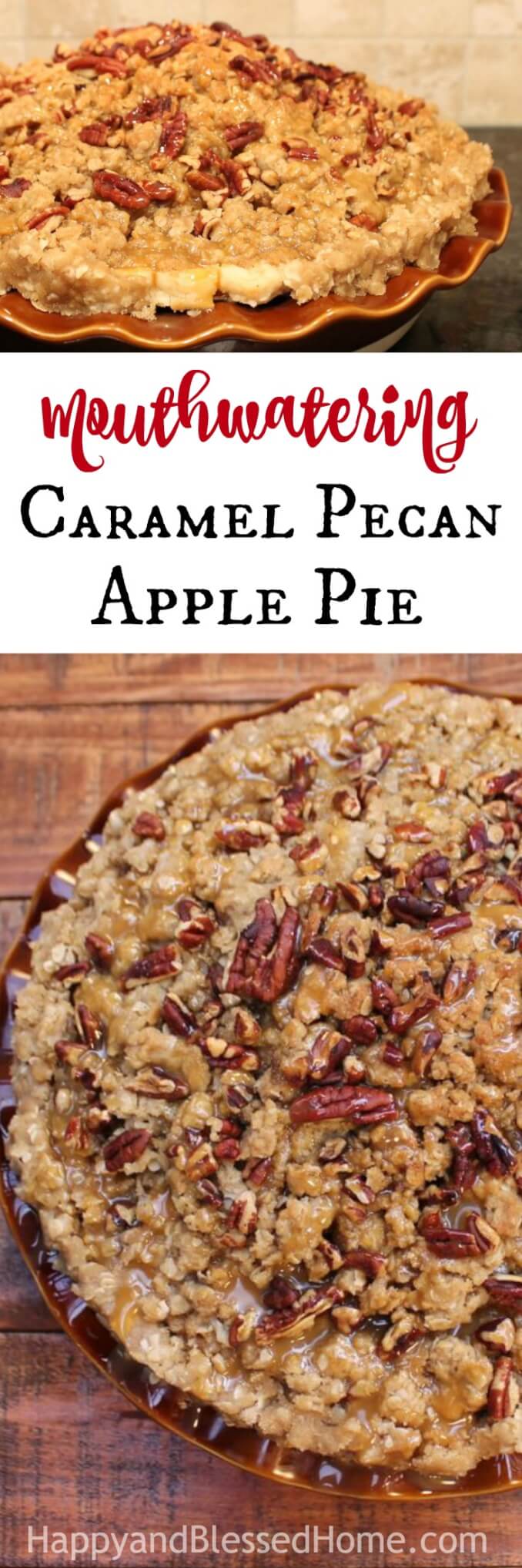 Mouthwatering Caramel Pecan Apple Pie - This is the pie your relatives will eat in disbelief. Perfect for any holiday meal. Our family enjoys it every Christmas and Thanksgiving. The WOW factor of this apple pie comes from the sheer volume of loads of peeled and sliced apples piled high enough to create a pie mountain.