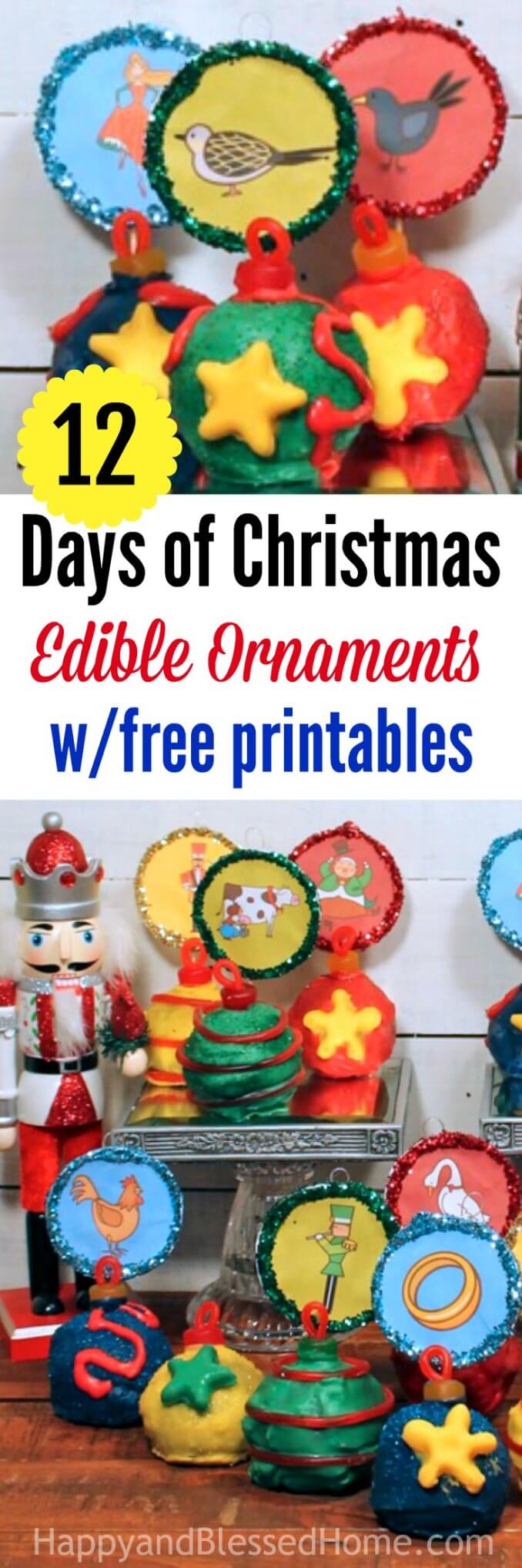 12 Days of Christmas Edible Ornaments with FREE Printables representing the song about the 12 Days of Christmas