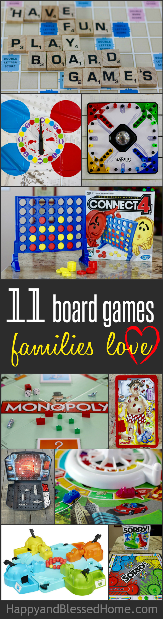 An awesome list of 11 board games families love - a fabulous list from HappyandBlessedHome.com