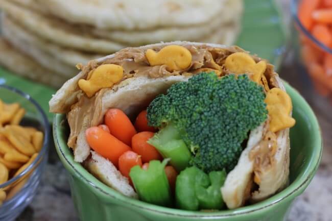 Tasty Goldfish Crackers with peanut butter on homemade flatbread - a great way to teach kids to make their own sandwiches!