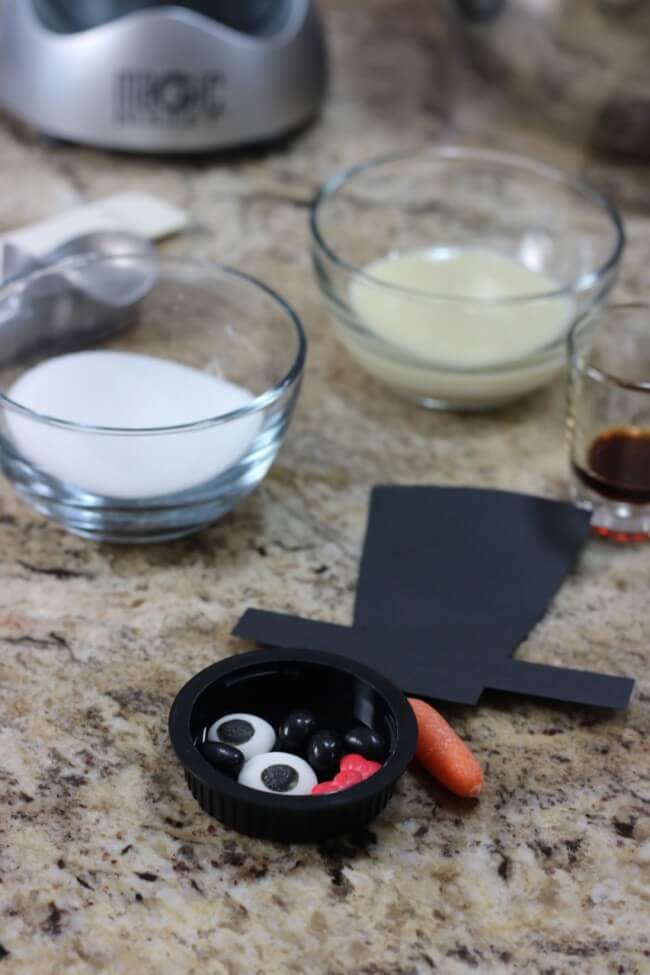 Simple ingredients to create a Snowman Snow Ice Cream Dessert