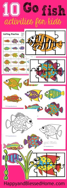 Colorful fun activity pack for kids with 10 Go Fish activities including fish you can actually use for fishing