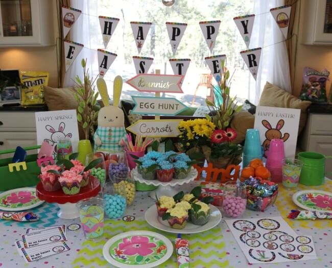 Easter Party Decorations, a kid's Easter Activitiy Pack and Pink Champagne Cupcakes Recipe