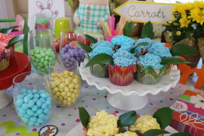 Easter Party Decorations, a kid's Easter Activitiy Pack and Pink Champagne Cupcakes Recipe