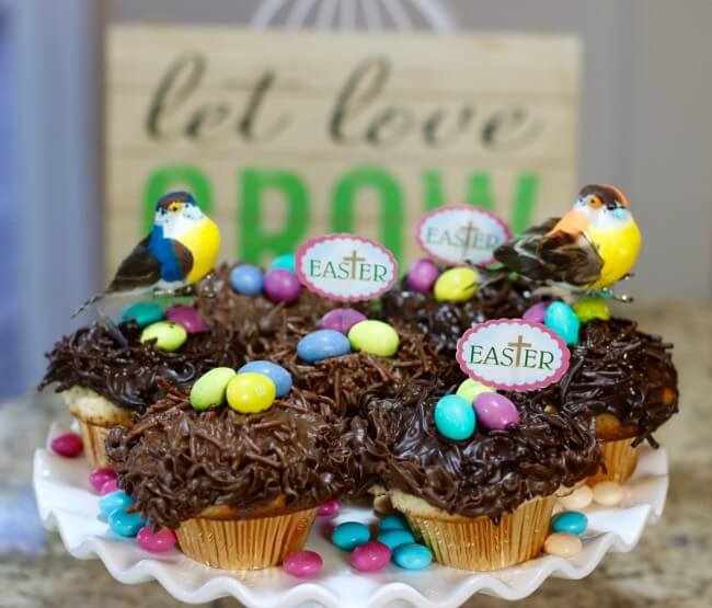 An easy recipe for Lemon Poppy Seed Muffins and Chocolate Nests & tips on how to "float" birds above the nests with M&M's® Easter candies.