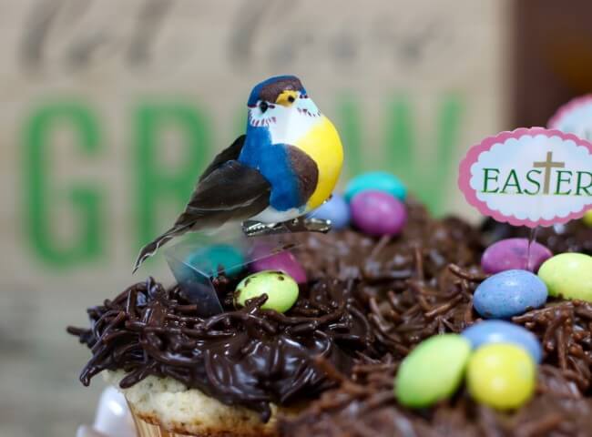 An easy recipe for Lemon Poppy Seed Muffins and Chocolate Nests & tips on how to "float" birds above the nests with M&M's® Easter candies.