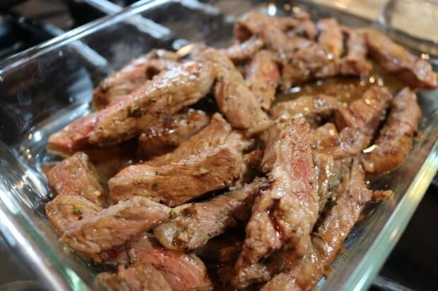 Pan grill the steak for this Easy Mexican Fajitas Recipe
