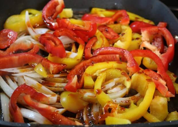 Pan grill the peppers and onions for this Easy Mexican Fajitas Recipe