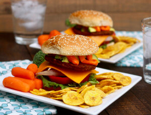 Veggie Burgers loaded with flavor - Black Bean Burgers and Sazon Mayo with Plantain Chips