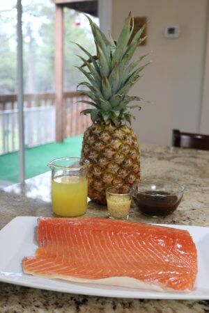 Ingredients for an Easy Recipe for wild Alaska salmon with Teriyaki and Pineapple