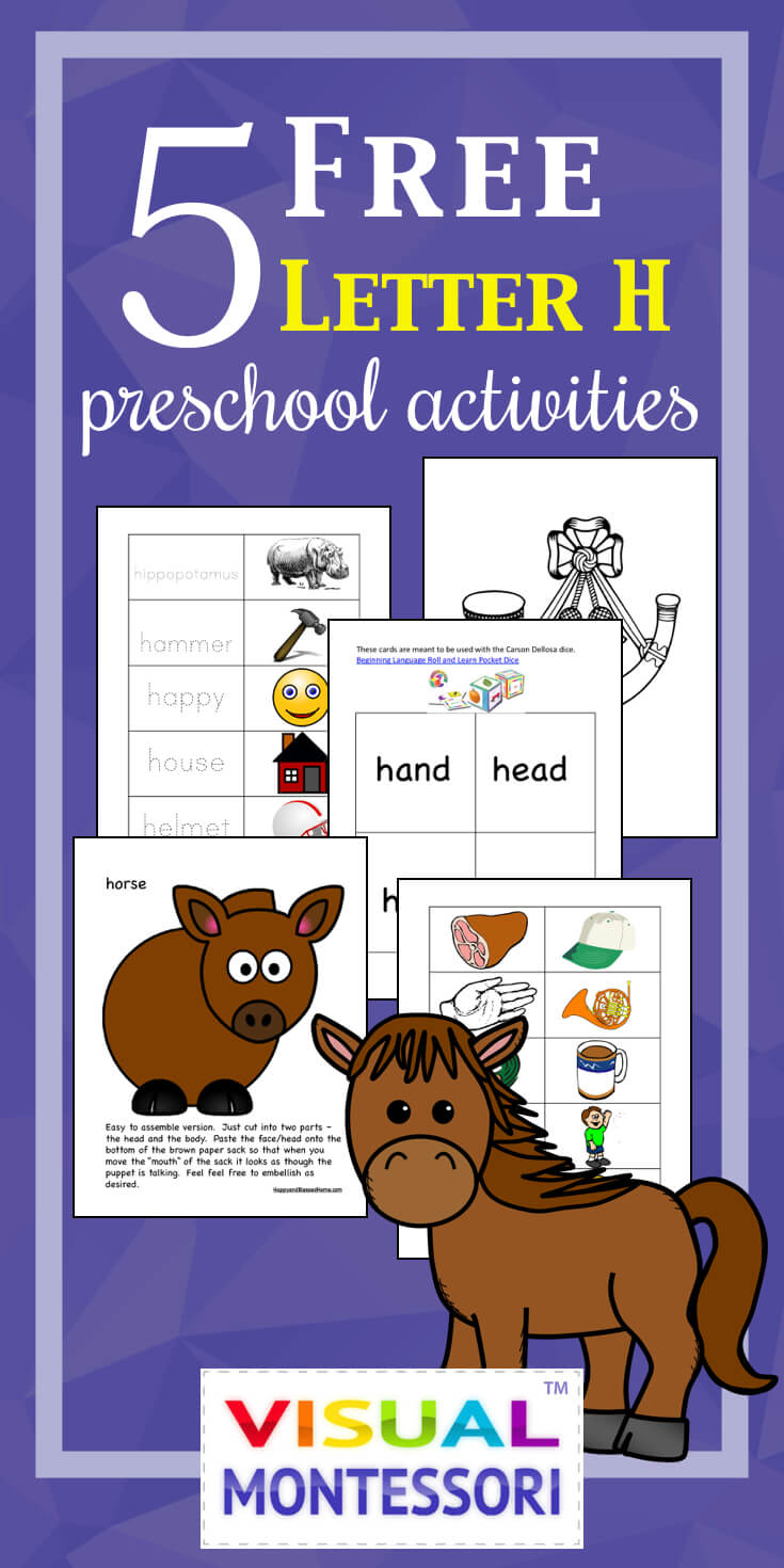 My preschooler loves these! Perfect learning fun for preK. 5 Free Preschool Alphabet Letter H Activities comes with coloring, matching, cutting, and fine motor skill exercises. You can easily teach children and toddlers with these easy crafts, cards, and words that start with “H”.