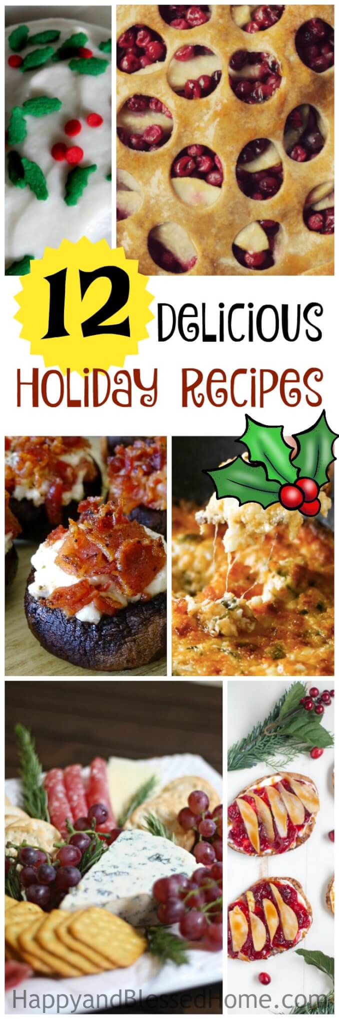 This list of 12 Delicious Christmas Recipes includes sweet treats, rich soup, hearty appetizers and tips for entertaining. There is no shortage of marvelous appetizer creations you can make with cranberries, bacon, and apples. Perfect for dinner, or at home party entertaining, this list will give you loads of ideas for what to serve for Christmas or any holiday!