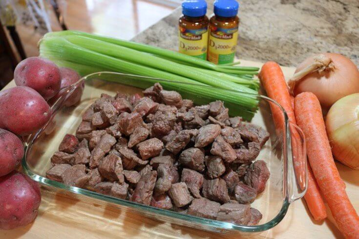 Ingredients for easy recipe for slow cooker beef and vegetable stew