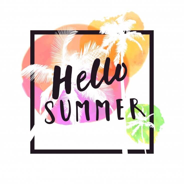Hello Summer. Modern calligraphic T-shirt design with flat palm trees on bright colorful watercolor background. Vivid cheerful optimistic summer flyer, poster, fabric print design in vector