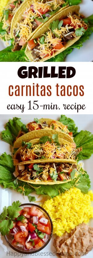 Grilled Carnitas Tacos - easy 15 minute recipe for a tasty Mexican dinner