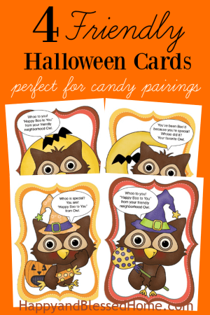 FREE 4 Friendly Halloweem Cards for Kids Ages 6 and under - perfect for candy pairings